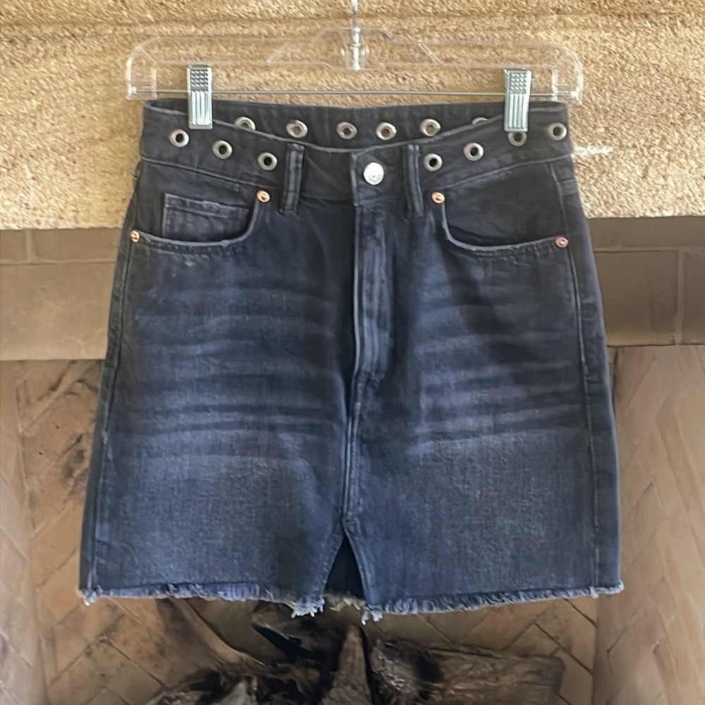 All Saints Lila grommet waist black denim mini skirt